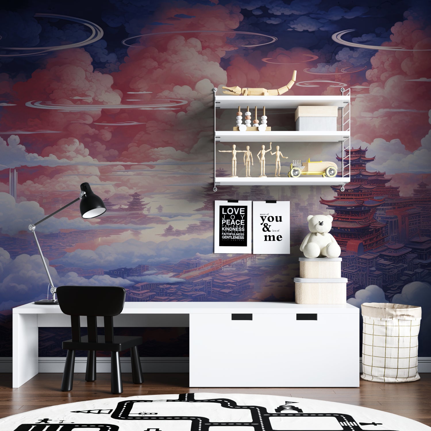 Japanese landscape wallpaper bringing warmth to a meditation room setting