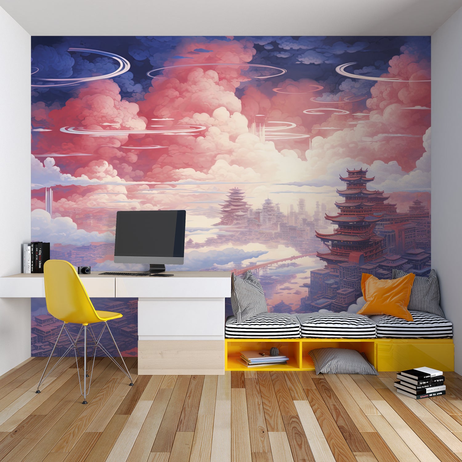 Oriental pagoda mural creating depth in a dining room with ambient lighting