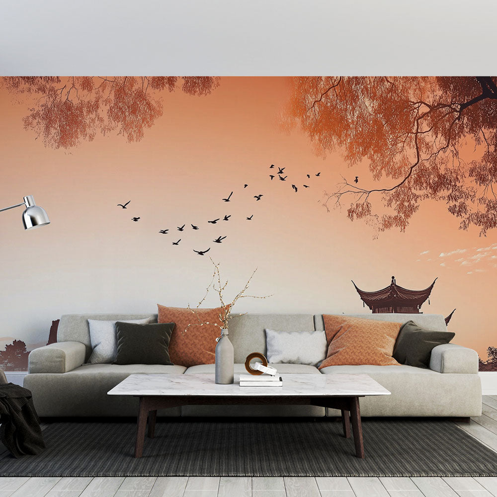 Japanese pagoda wallpaper mural styled in a modern living room, creating a peaceful sunset atmosphere