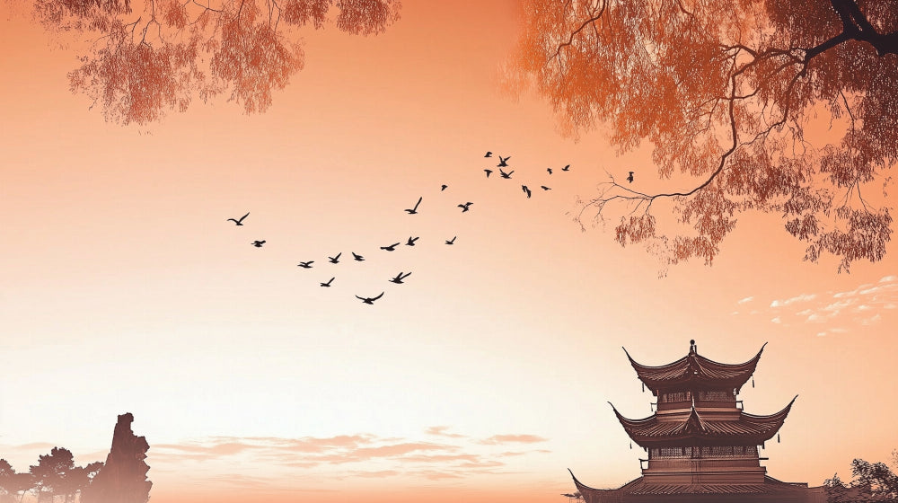 Japanese pagoda and birds design file showing detailed sunset colors and silhouettes