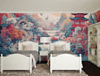 Japanese cherry blossom wallpaper in modern living room showing pagoda landscape mural creating peaceful atmosphere