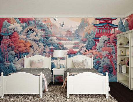 Japanese cherry blossom wallpaper in modern living room showing pagoda landscape mural creating peaceful atmosphere