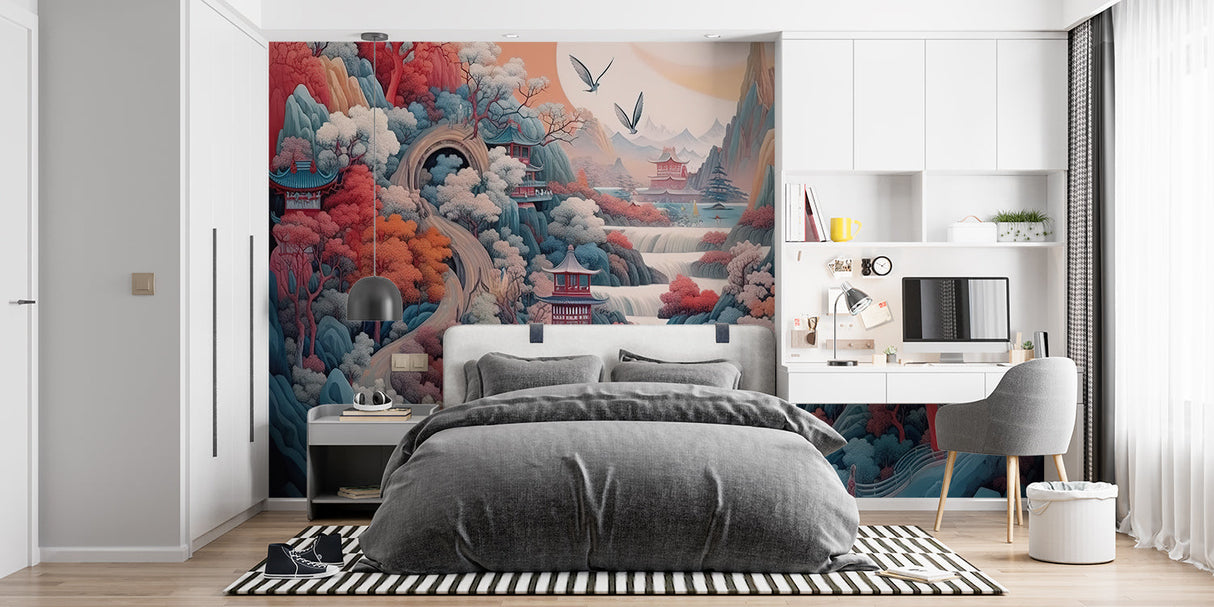 Japanese landscape mural in minimalist bedroom with cherry blossoms and pagoda scene
