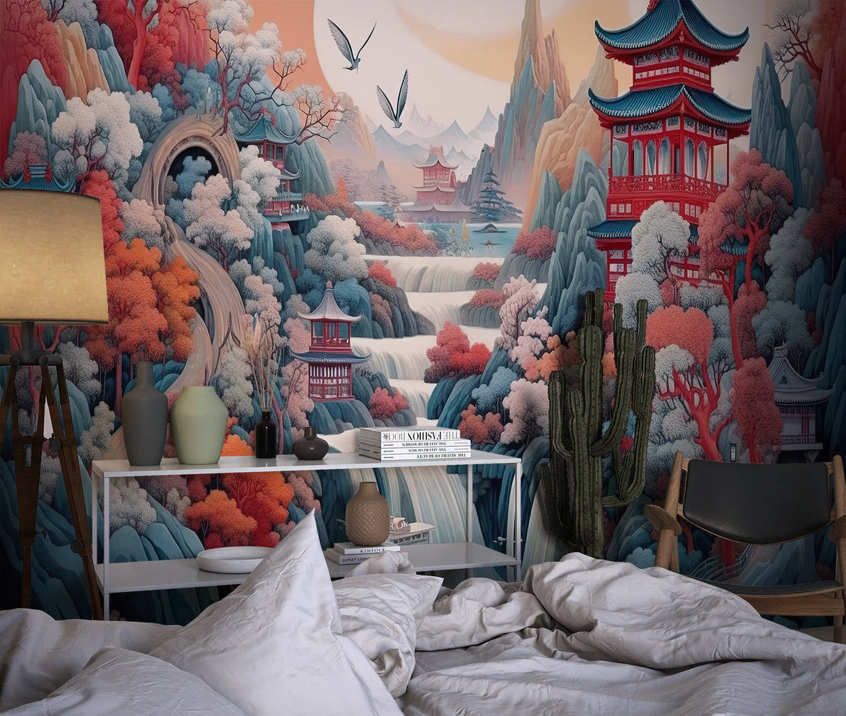 Oriental pagoda wallpaper in dining room with soft sunset lighting