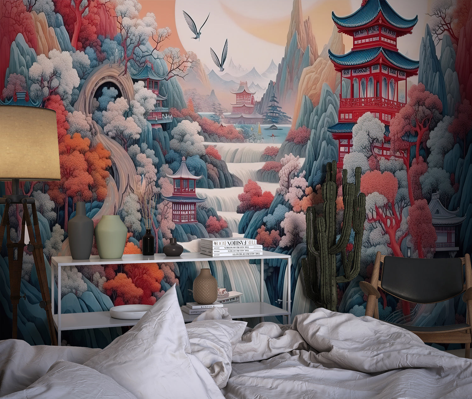 Oriental pagoda wallpaper in dining room with soft sunset lighting