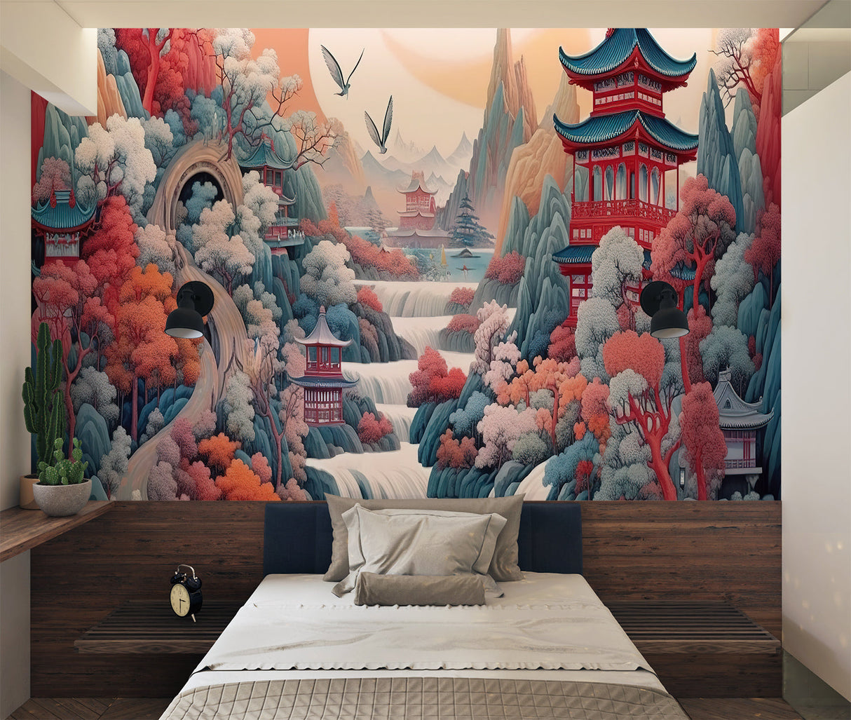 Cherry blossom landscape mural in home office creating zen atmosphere