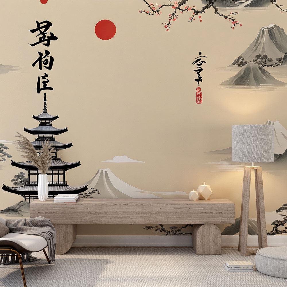 Japanese pagoda wallpaper mural creating a peaceful atmosphere in a modern living room with minimalist furniture