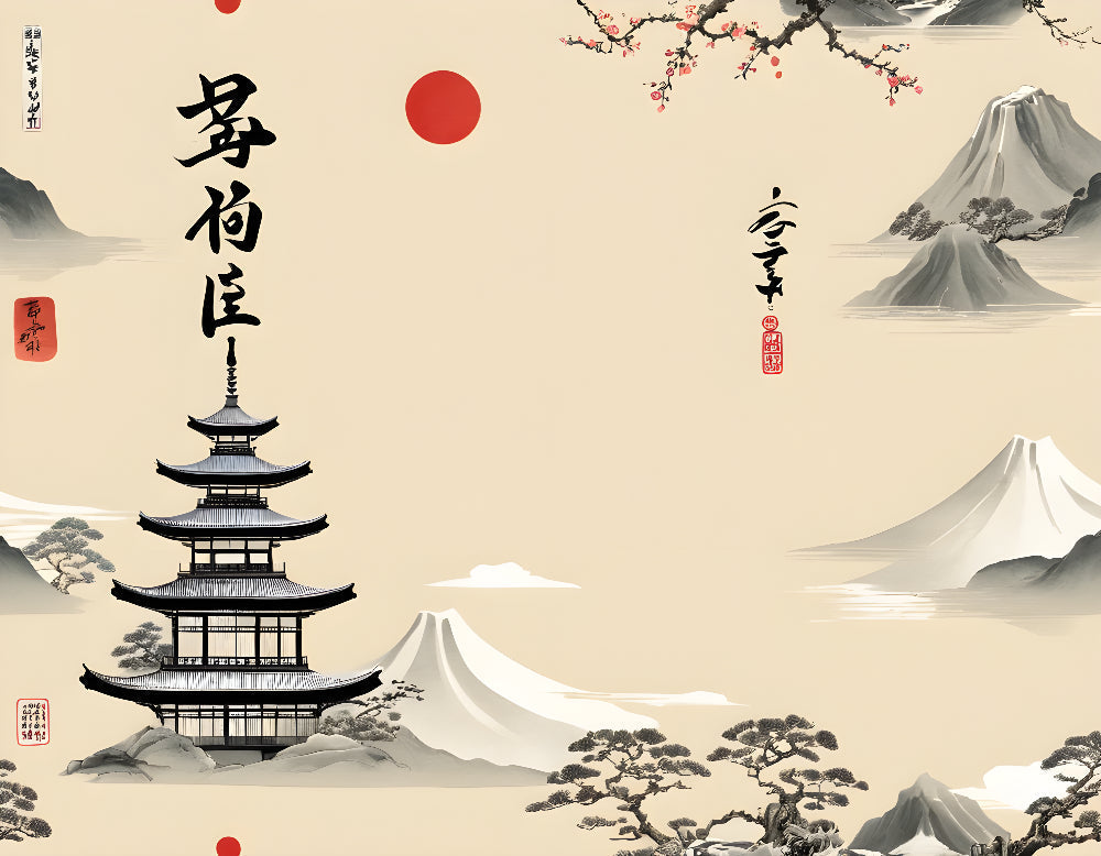 Japanese pagoda and mountain design file showing intricate ink painting details and soft color palette