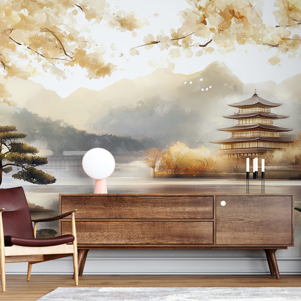 Japanese pagoda wallpaper mural styled in a modern living room, showing the autumn lake scene creating depth and tranquility