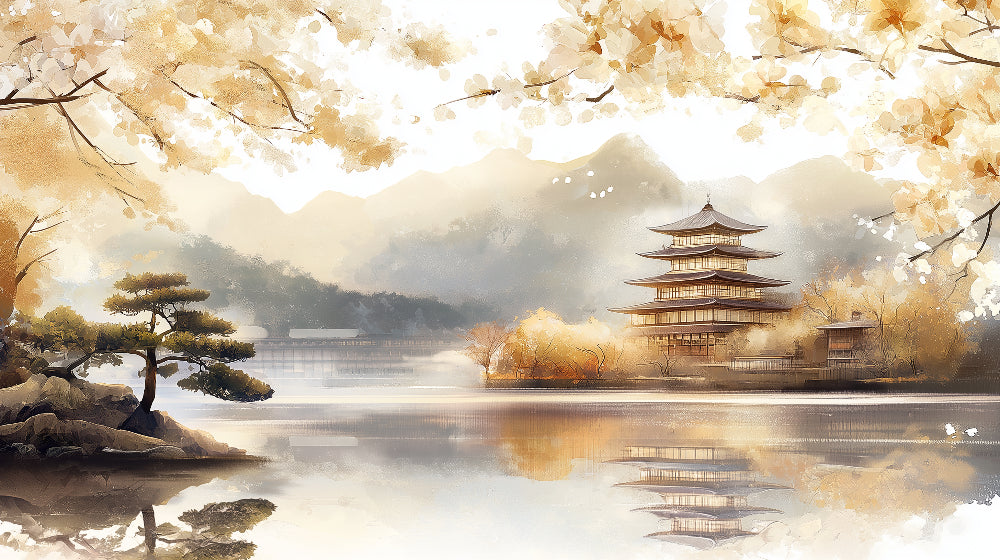 Japanese landscape wallpaper design file showing detailed pagoda and autumn lake pattern
