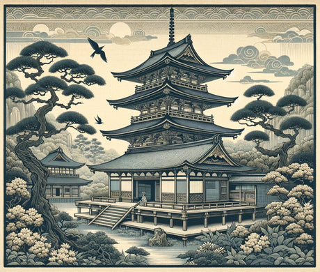 Japanese temple art design file showing detailed pagoda and misty landscape pattern