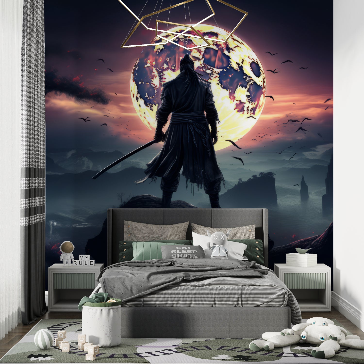 Asian-inspired warrior mural adding mystery to contemporary dining room