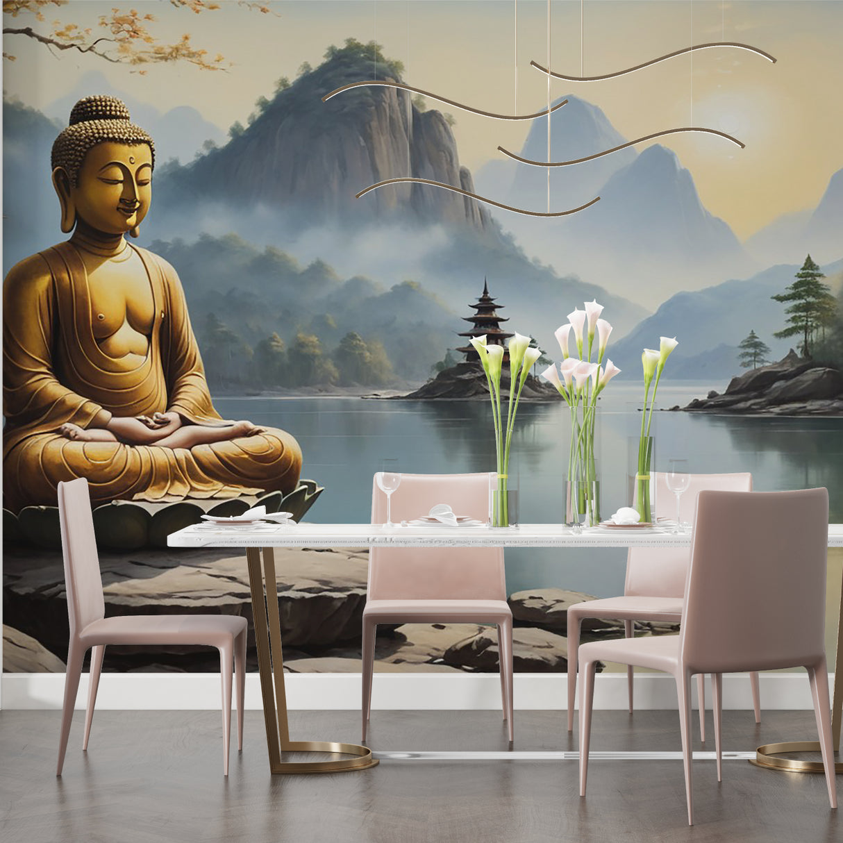 Yoga studio wall with Japanese Buddha lake scene creating calming atmosphere
