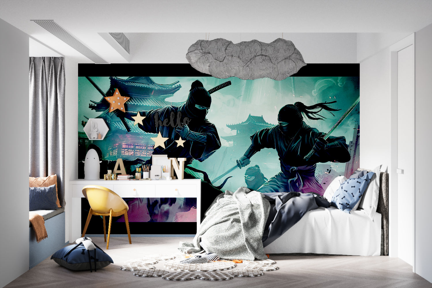Night combat scene mural bringing energy to gaming lounge