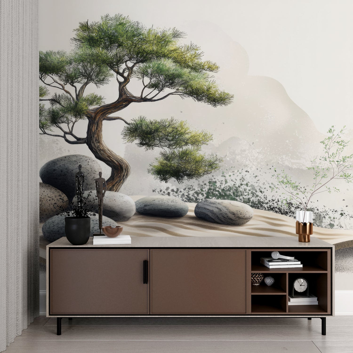 Japanese garden wall mural bringing nature into home office space