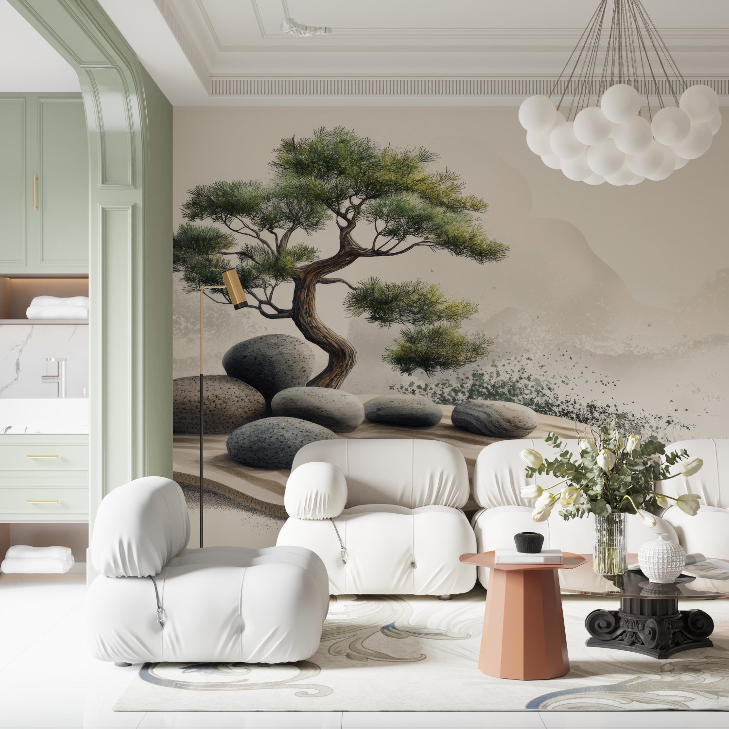 Zen inspired wallpaper creating focus wall in yoga studio setting