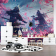 Japanese Samurai wallpaper creating drama in modern gaming room with LED lighting