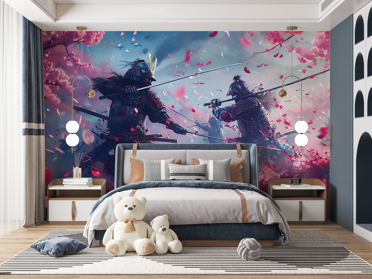 Cherry blossom warrior mural transforming office space with Asian flair