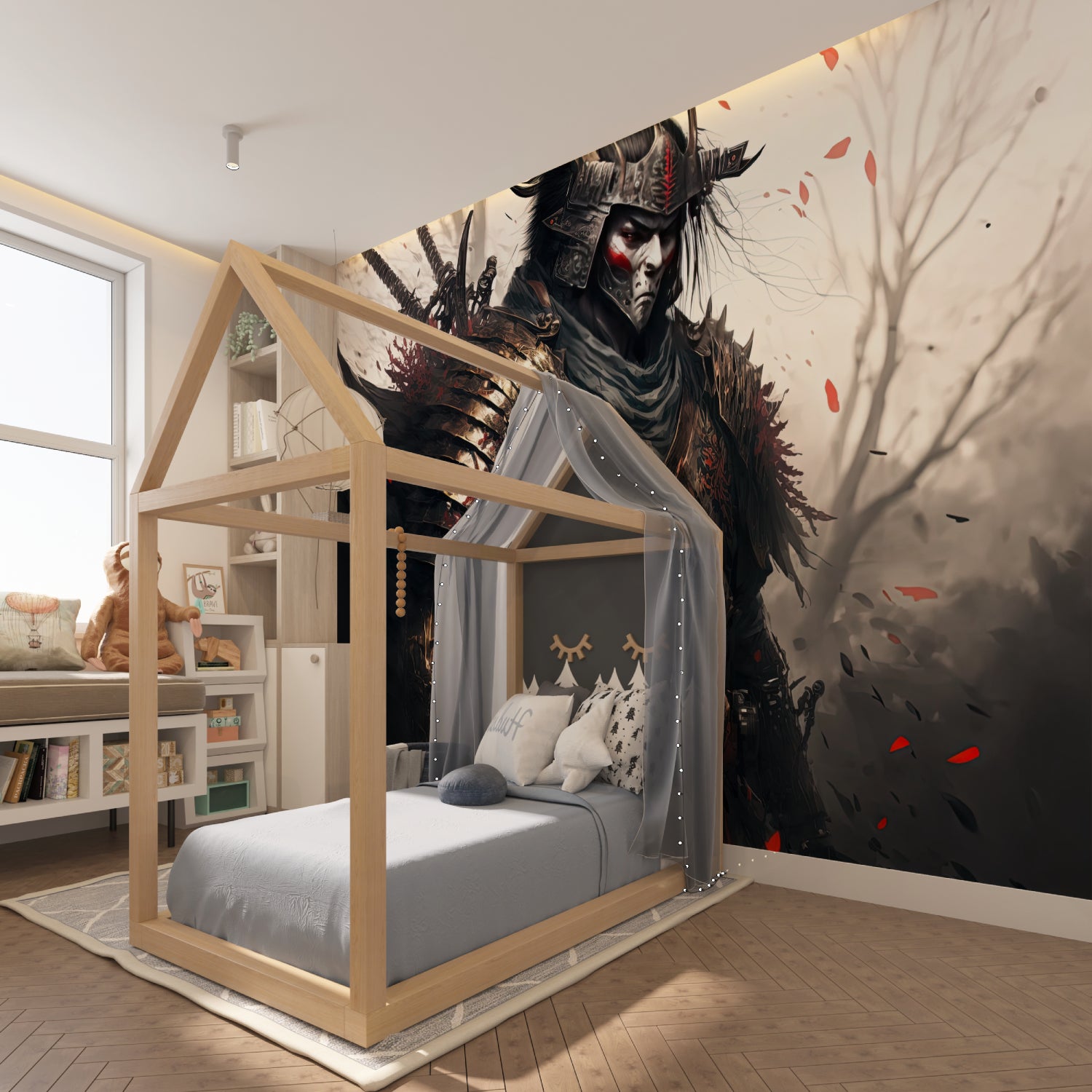 Japanese warrior mural installation in minimalist gaming room setup