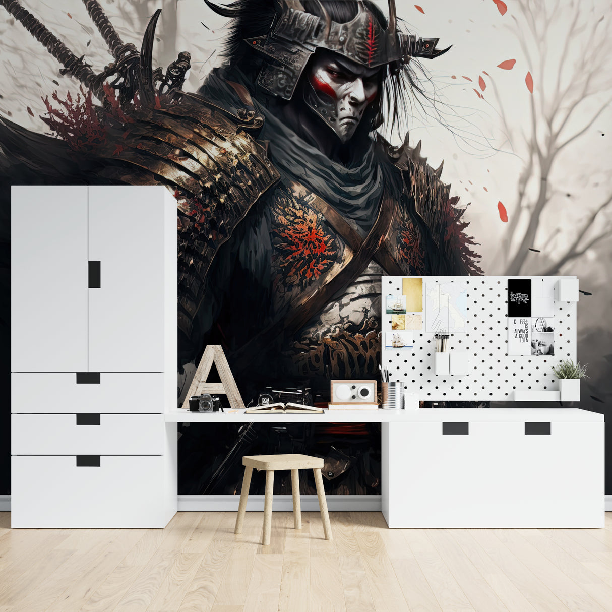 Dark samurai wallpaper making statement in contemporary home office