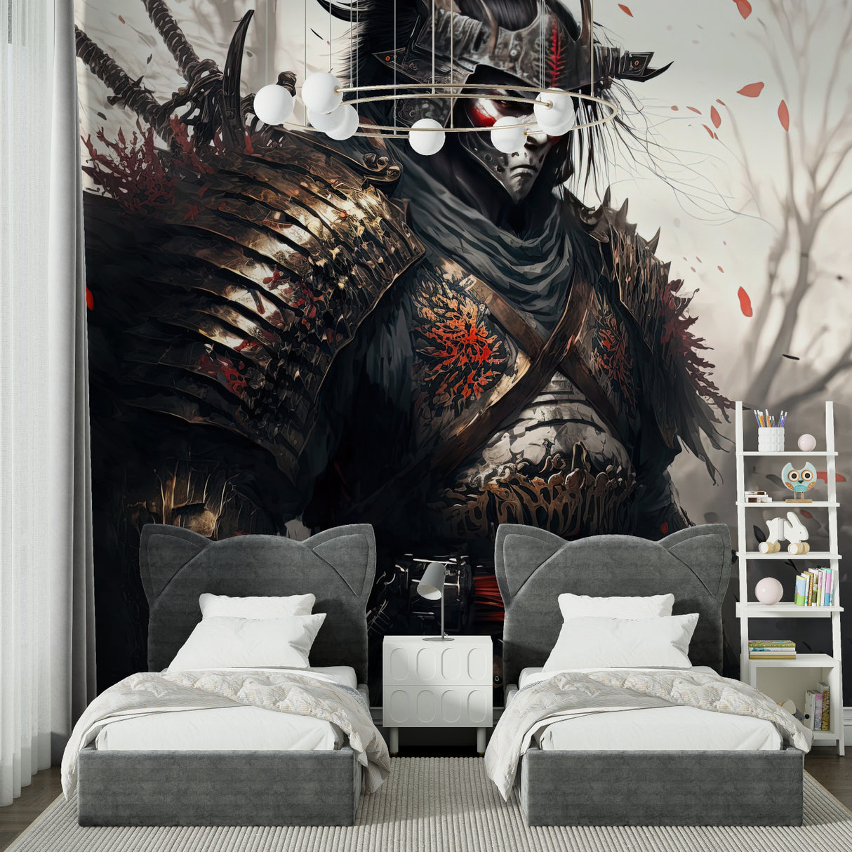 Samurai themed wall mural in Asian-inspired meditation room