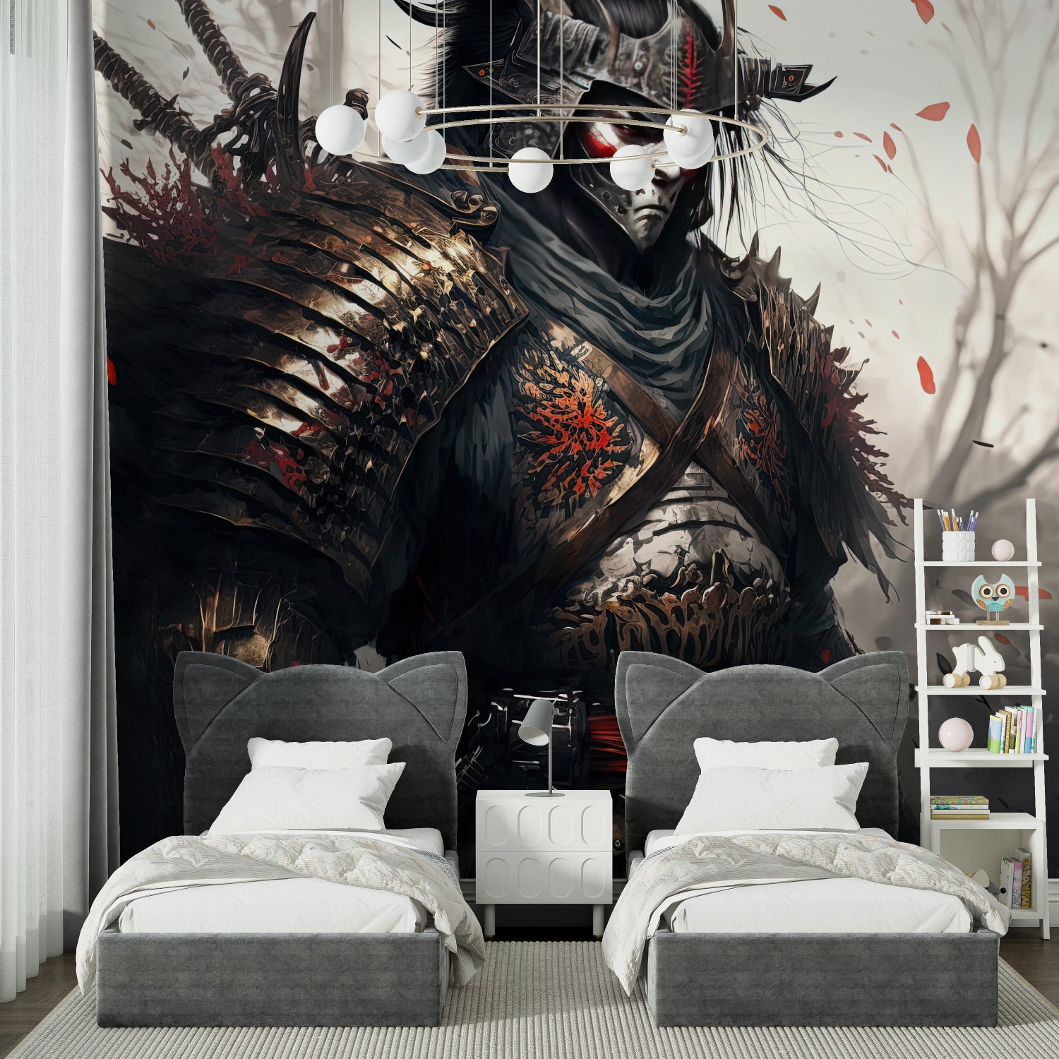 Samurai themed wall mural in Asian-inspired meditation room