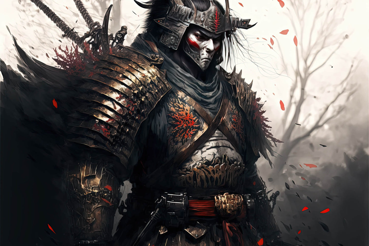 Design file showing detailed samurai warrior pattern with red accents on dark background