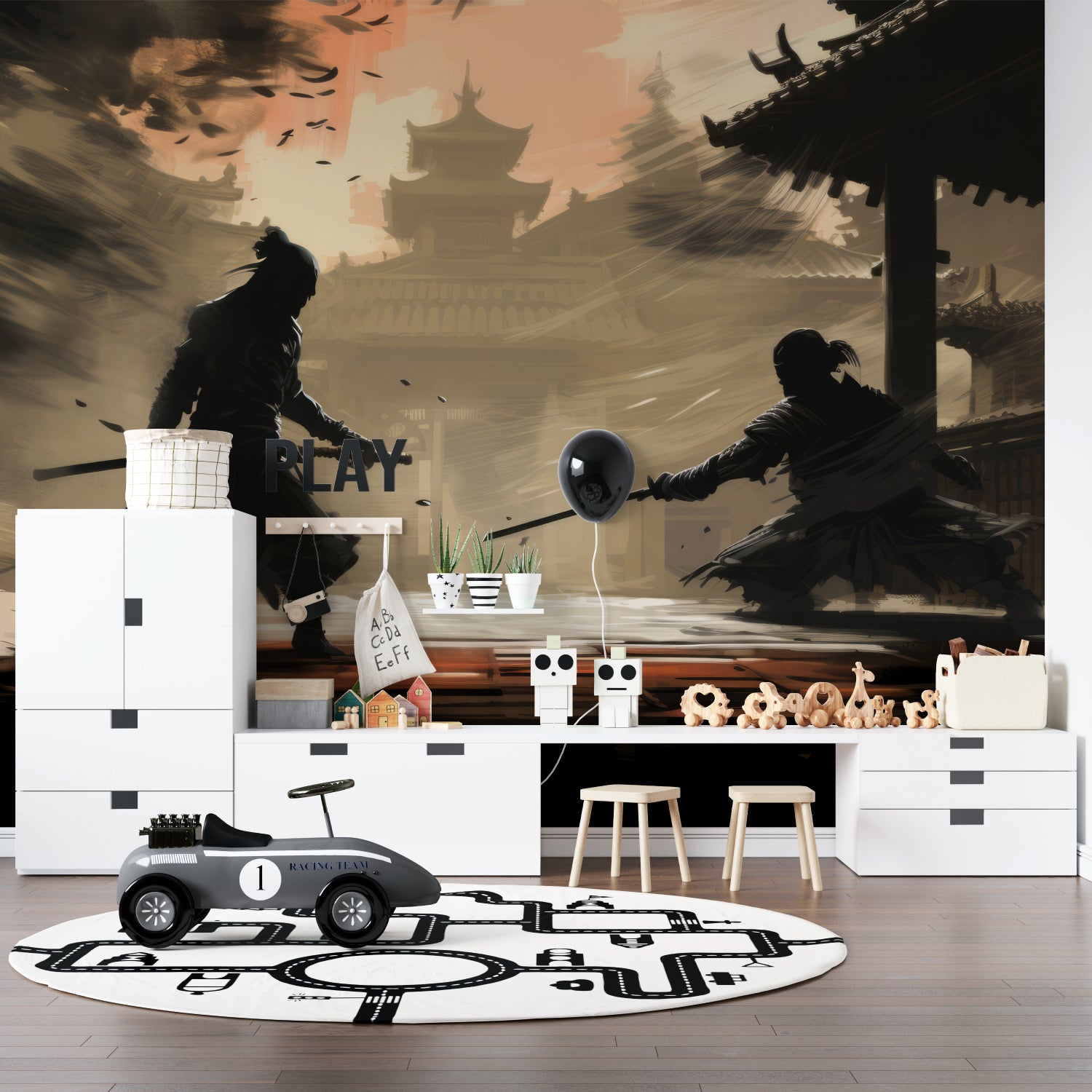 Samurai battle mural adding drama to modern living room setting