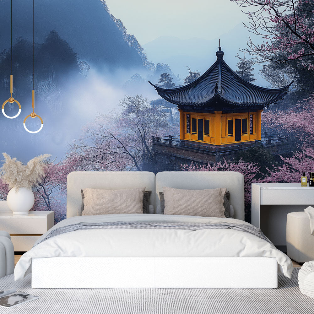 Japanese temple wallpaper creating a peaceful atmosphere in a modern living room, golden pavilion and cherry blossoms add Asian charm
