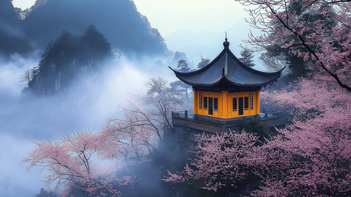 Japanese temple wallpaper design file showing detailed mountain landscape and cherry blossom pattern