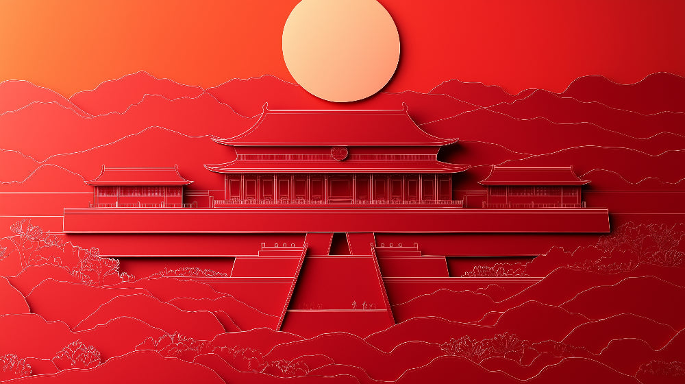 Japanese temple design file showing detailed red line art pattern with rising sun motif