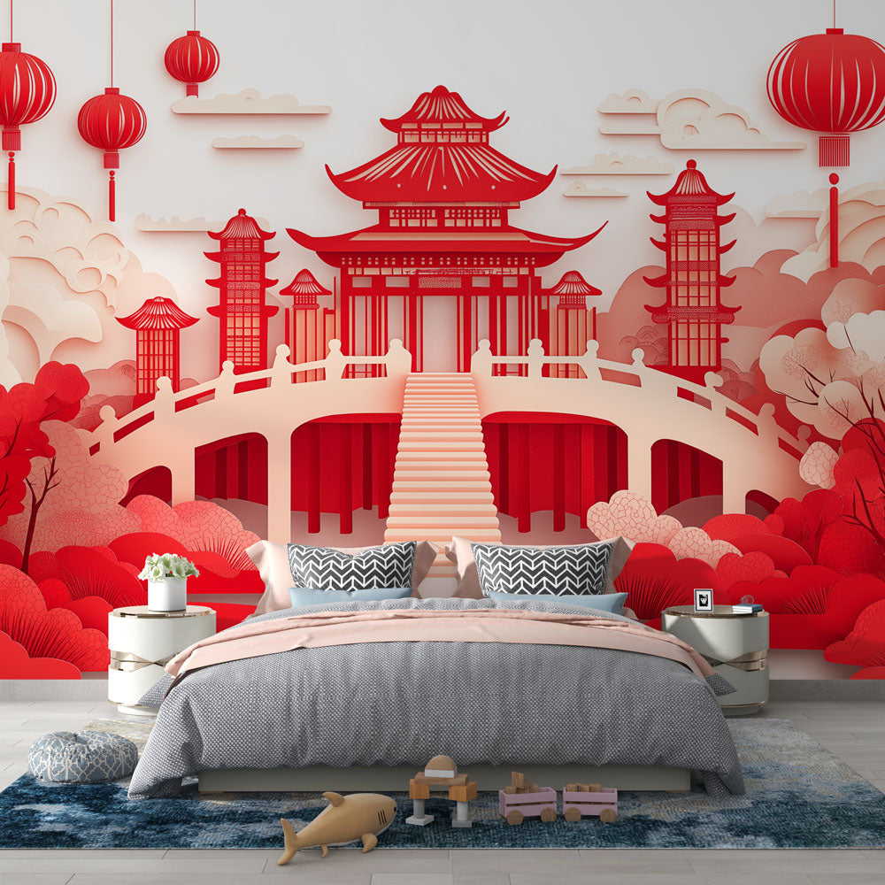 Japanese temple wallpaper creating zen atmosphere in modern dining room with red pagoda and lantern details