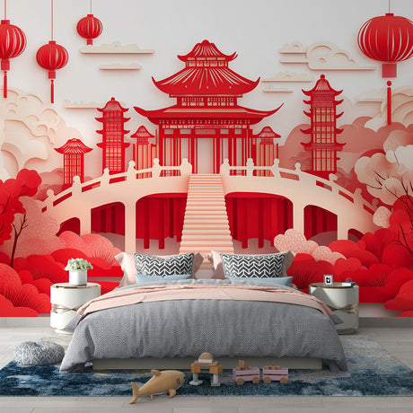 Japanese temple wallpaper creating zen atmosphere in modern dining room with red pagoda and lantern details
