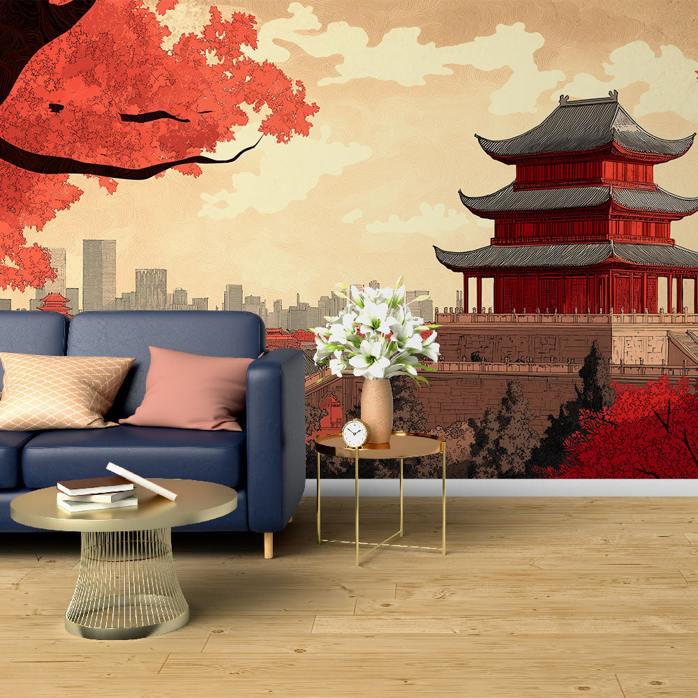 Japanese temple wallpaper with red pagoda showcased in a modern living room with minimal furniture