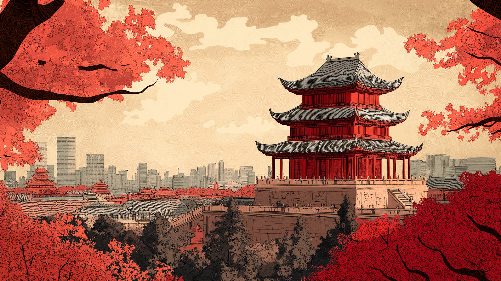 Japanese temple wallpaper design file showing detailed red pagoda and cherry blossoms pattern