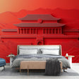 Japanese temple wallpaper creating dramatic impact in modern living room with red accent wall and minimal furniture