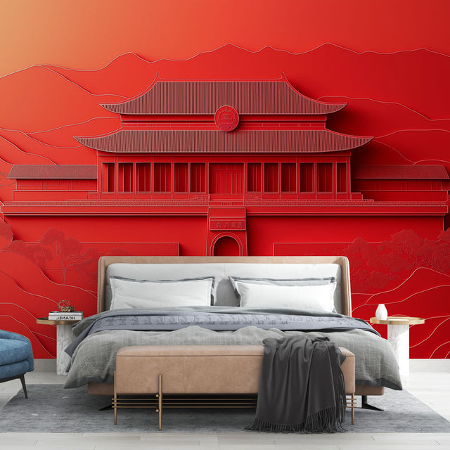 Japanese temple wallpaper creating dramatic impact in modern living room with red accent wall and minimal furniture