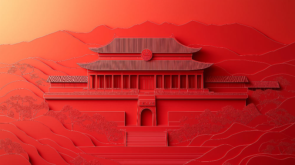Japanese temple wallpaper design file showing detailed 3D architectural pattern in rich red tones