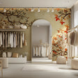 Japanese tree wallpaper in modern living room with beige sofa and natural light