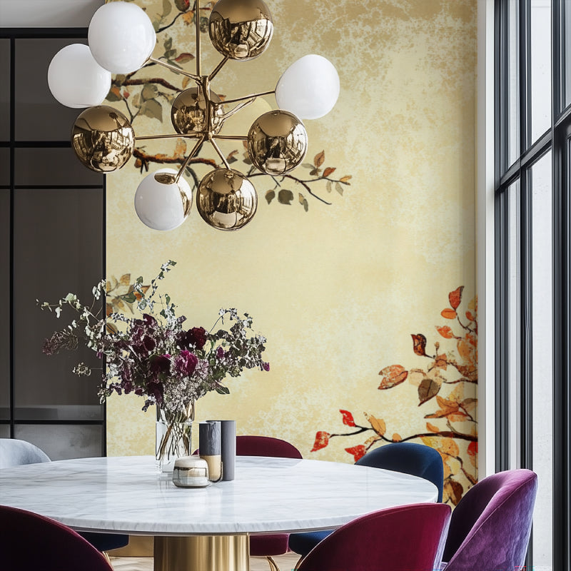 Japanese tree wall mural in home office with natural decor