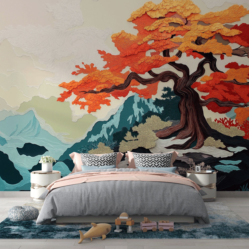 Japanese tree wallpaper creating zen atmosphere in modern living room with minimal furniture and natural light
