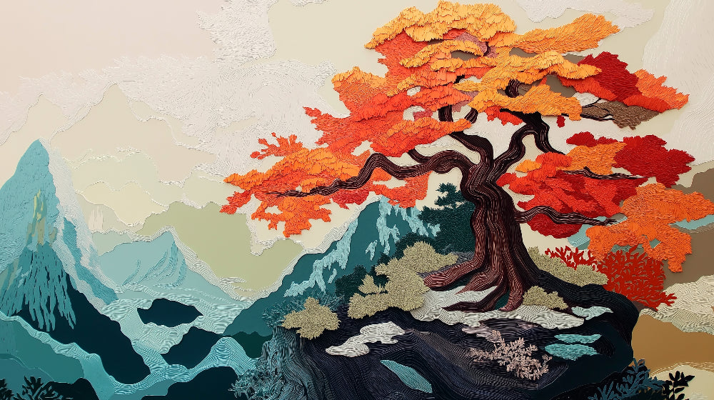 Japanese mountain landscape design file showing detailed autumn tree and misty peaks