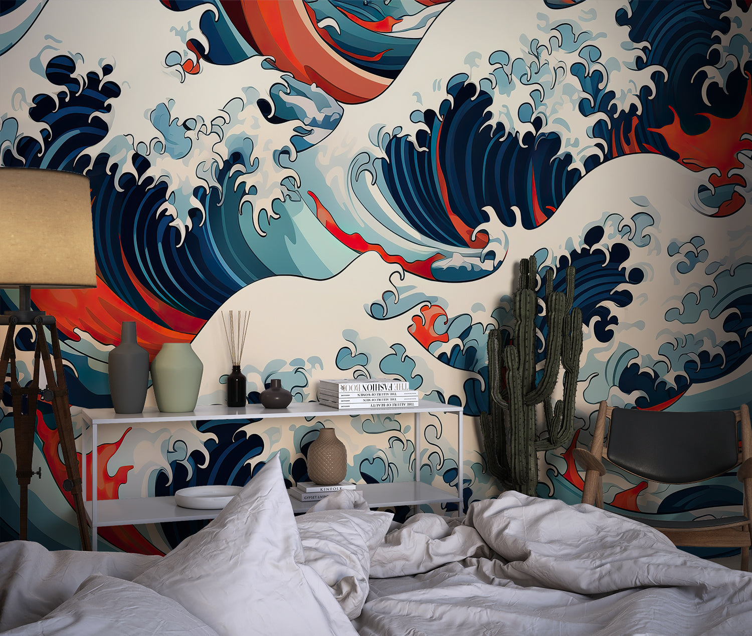 Japanese wave wallpaper creating dramatic impact in modern living room with blue sofa and minimal decor
