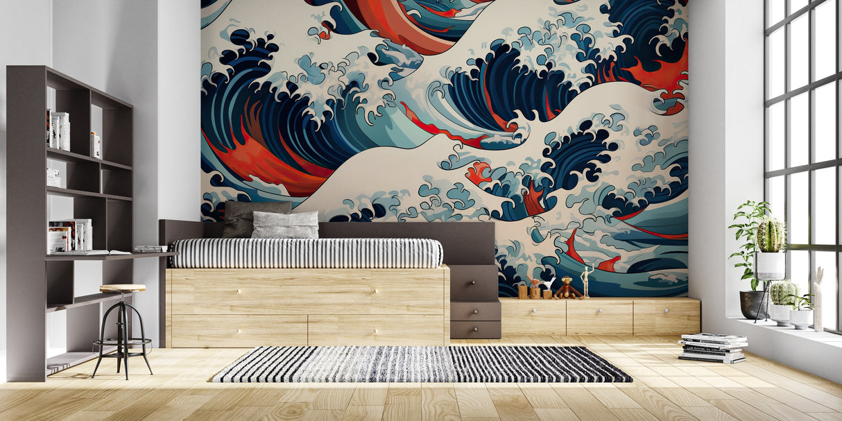 Oriental wave mural bringing energy to contemporary dining room setting