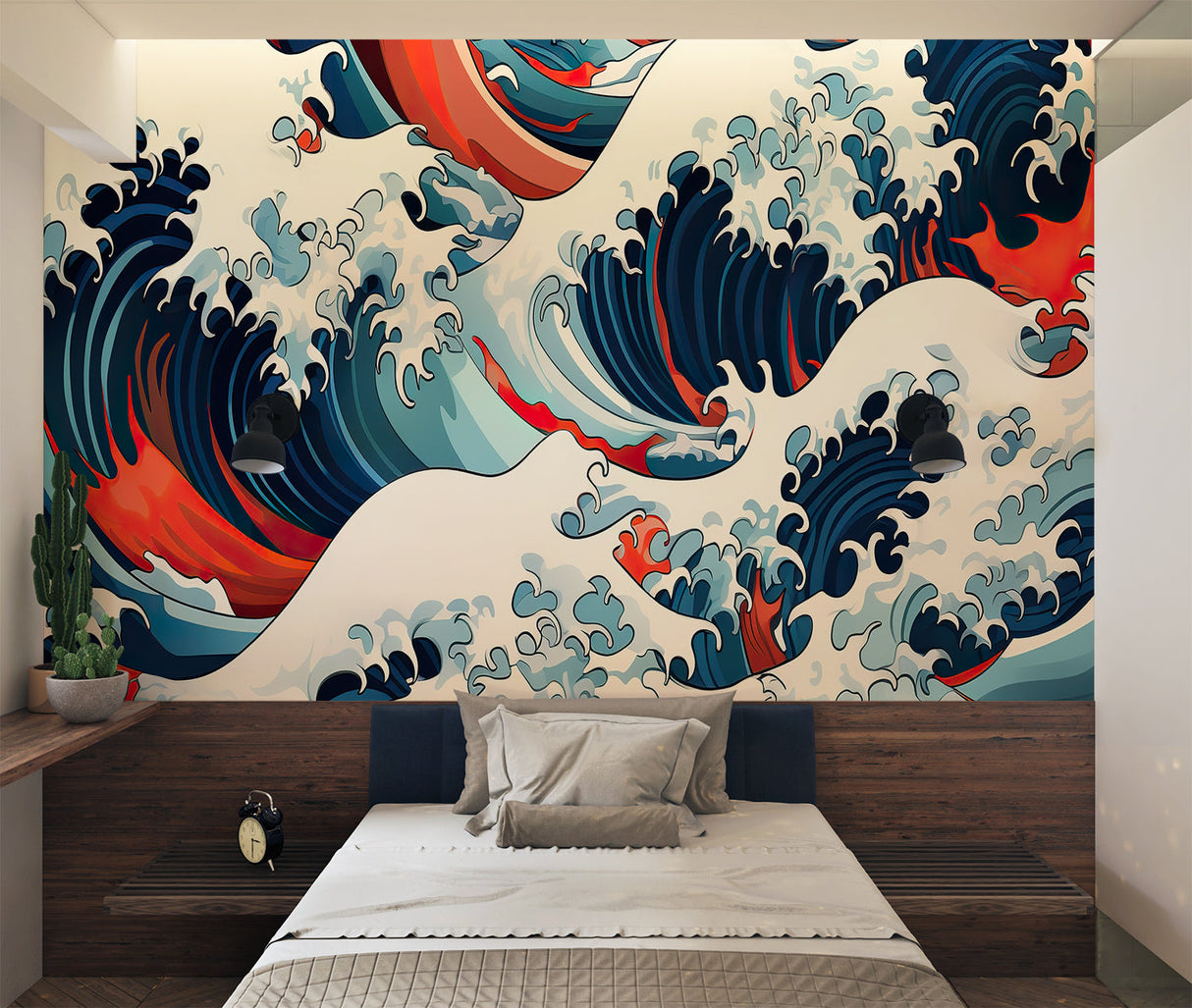 Dynamic wave art wallpaper transforming boutique hotel lobby with dramatic flair
