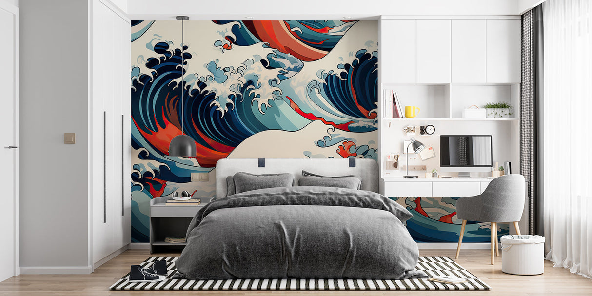 Blue and red Japanese wave mural creating focal point in minimalist bedroom