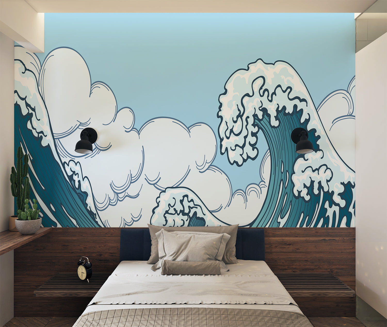 Great wave wallpaper making a bold statement in a dining room
