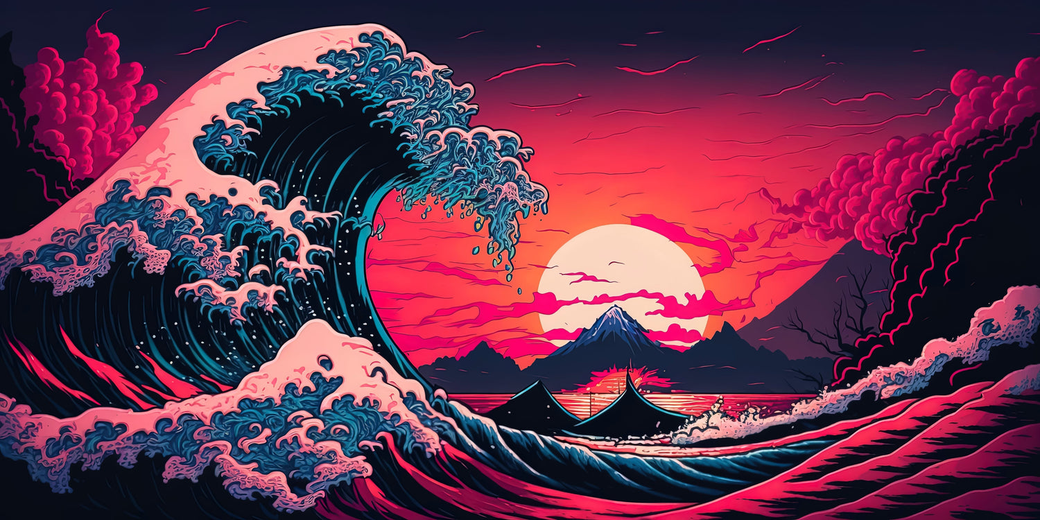 Design file showing detailed Great Wave pattern with Mount Fuji and sunset colors