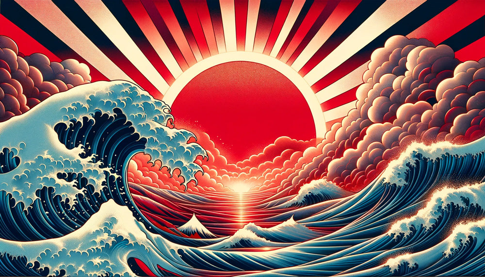 Japanese wave design file showing detailed rising sun and ocean pattern in rich blues and reds