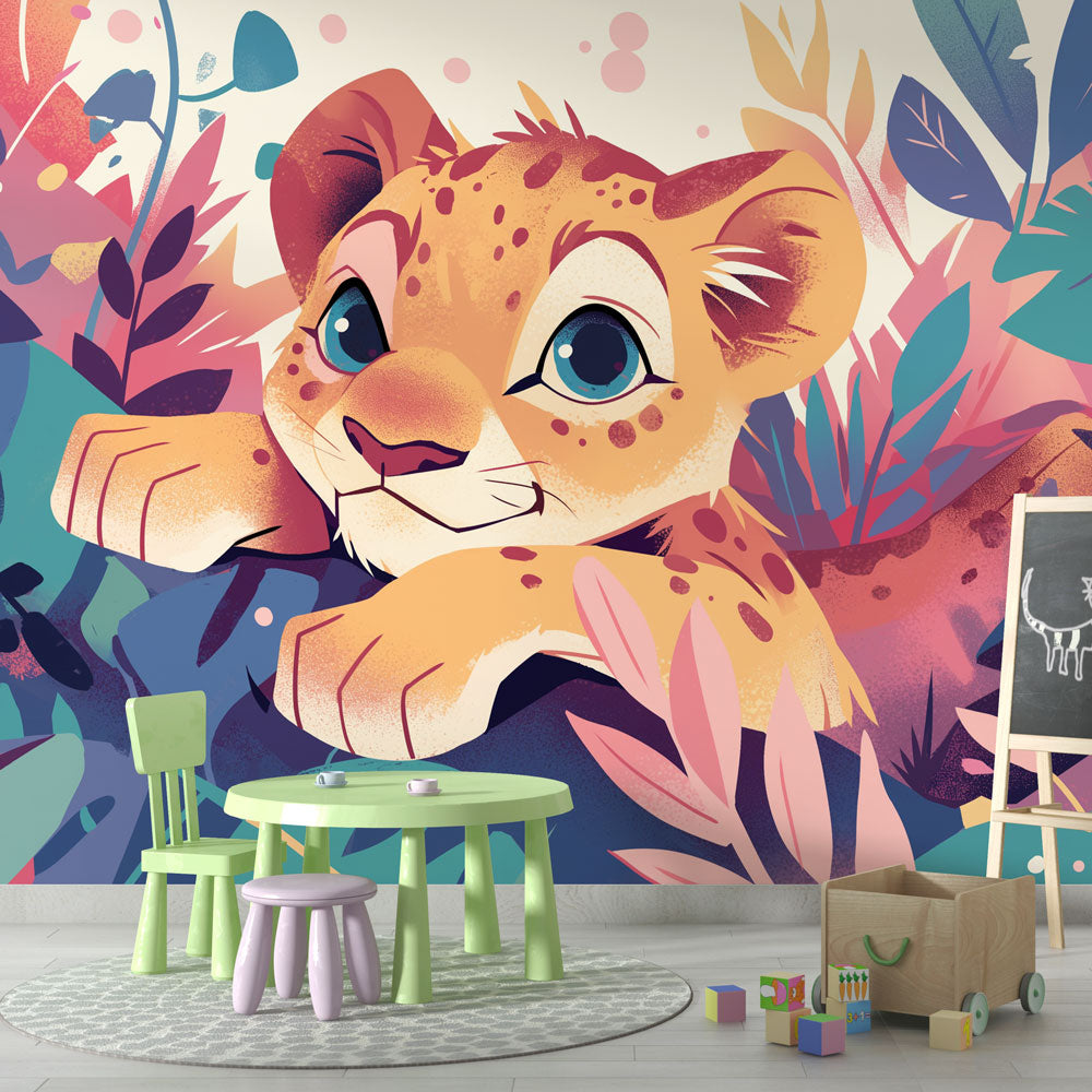 Jungle animal wallpaper with baby lion creating a cozy atmosphere in a modern nursery with white furniture